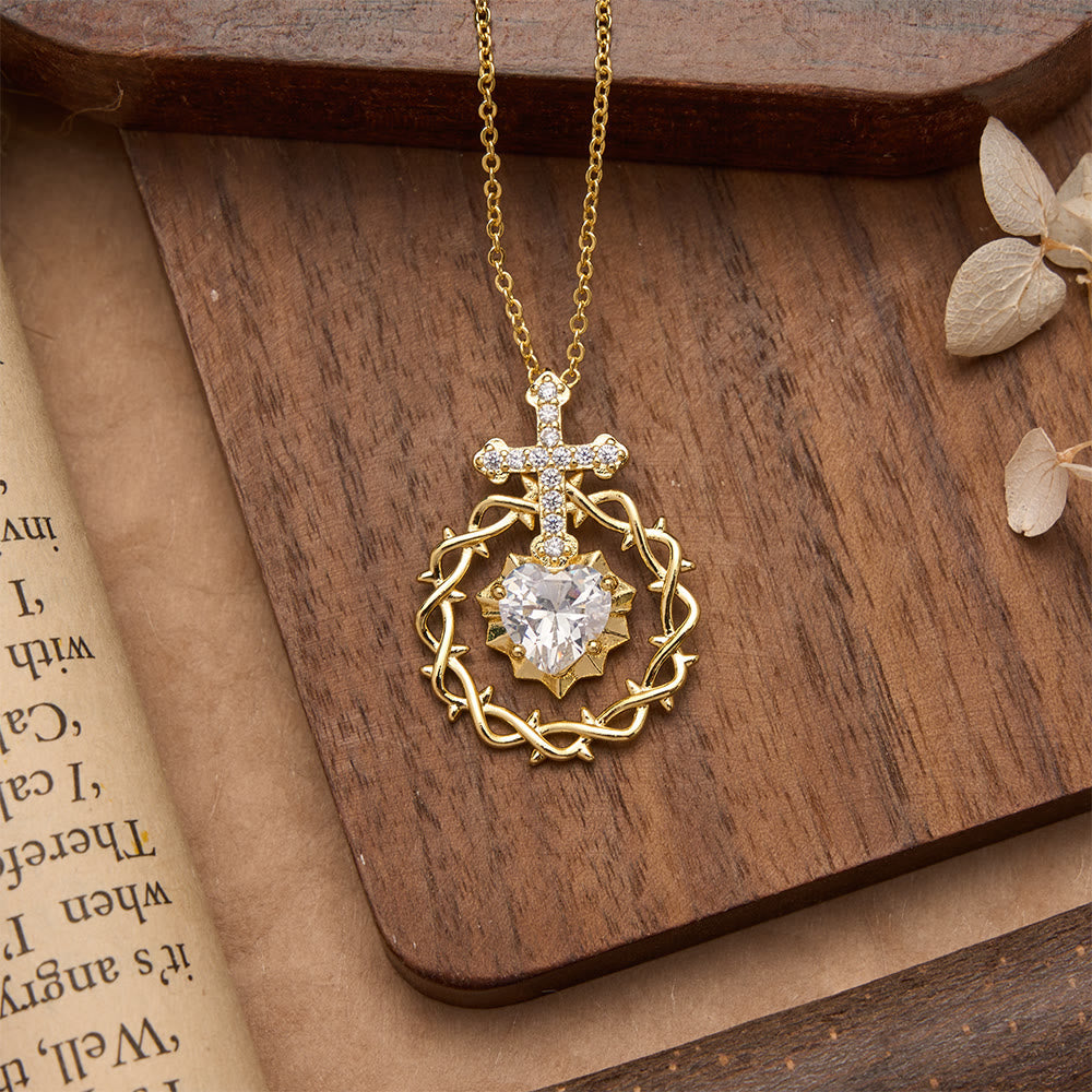 Pavé Zircon Cross with Thorn Wreath & Heart-Cut Gem Pendant Necklace: A Symbol of Sacred Redeeming Love