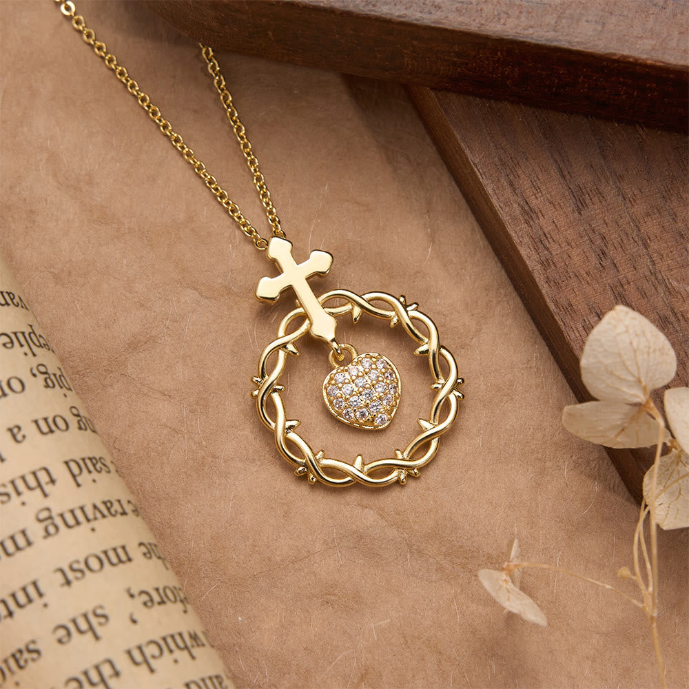 Pavé Zircon Cross with Thorn Wreath & Heart-Cut Gem Pendant Necklace: A Symbol of Sacred Redeeming Love