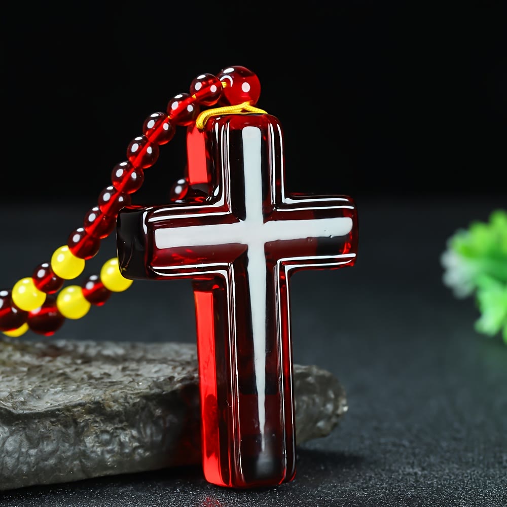 Solid Glossy Resin Amber-Style Cross Pendant with Alternate Bead Adjustable Cord Necklace