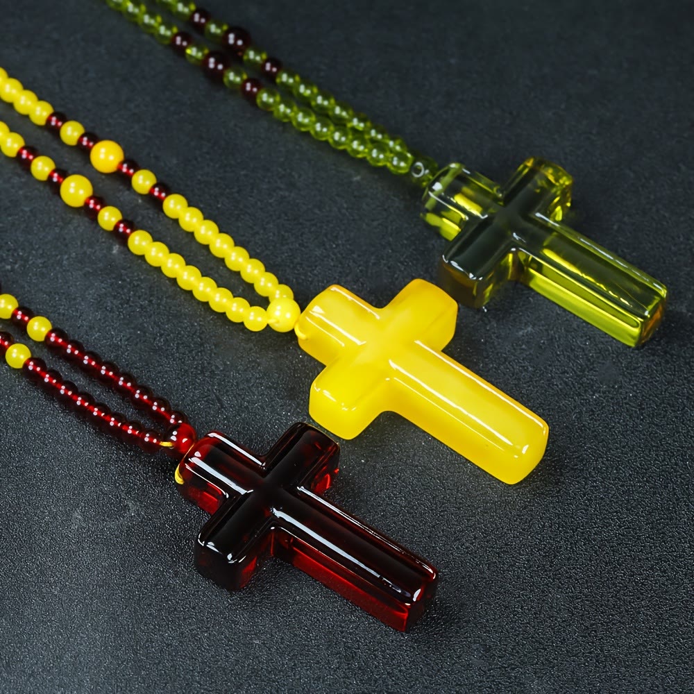 Solid Glossy Resin Amber-Style Cross Pendant with Alternate Bead Adjustable Cord Necklace