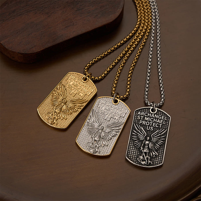 Dual-Side Engraved Archangel St.Michael Dog Tag Box Chain Necklace: An Emblem of Brave Sacred Devotion