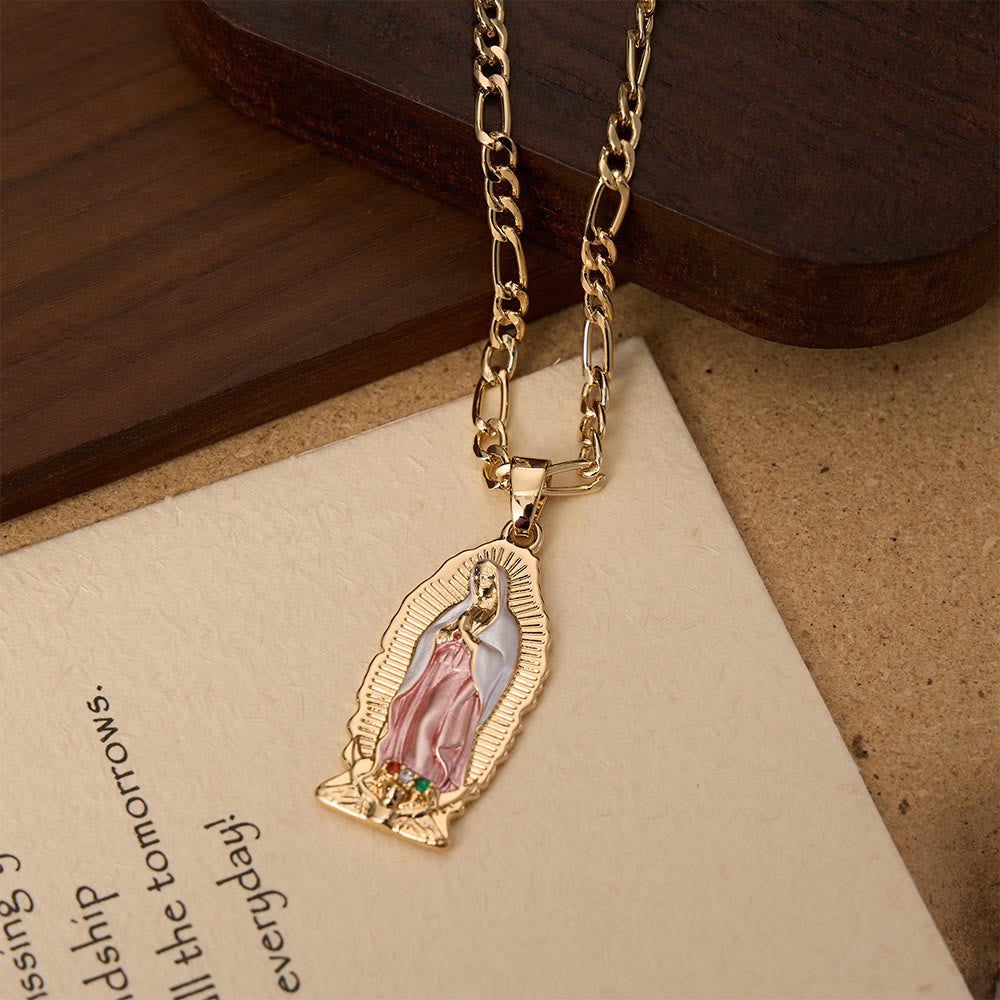 Elegant Sunburst Border Enamel Virgin Guadalupe Pendant Chunky Figaro Chain