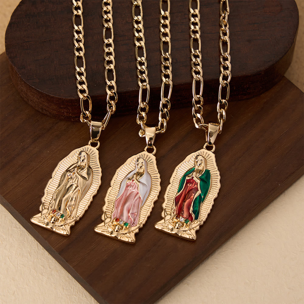 Elegant Sunburst Border Enamel Virgin Guadalupe Pendant Chunky Figaro Chain