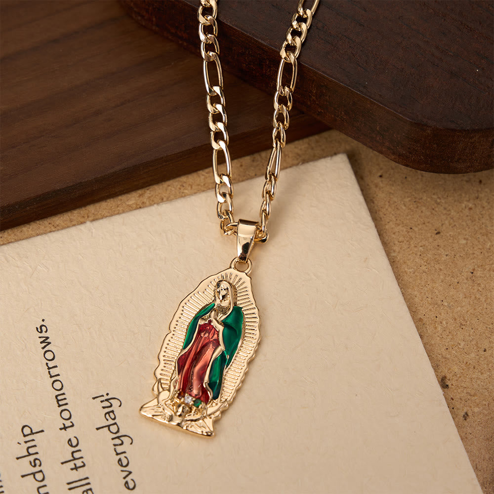 Elegant Sunburst Border Enamel Virgin Guadalupe Pendant Chunky Figaro Chain