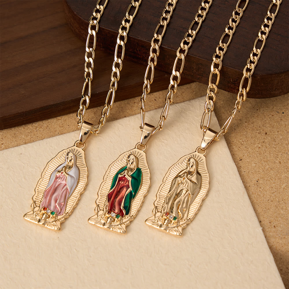 Elegant Sunburst Border Enamel Virgin Guadalupe Pendant Chunky Figaro Chain