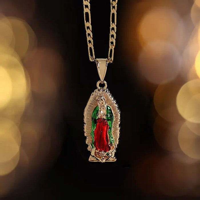 Elegant Sunburst Border Enamel Virgin Guadalupe Pendant Chunky Figaro Chain