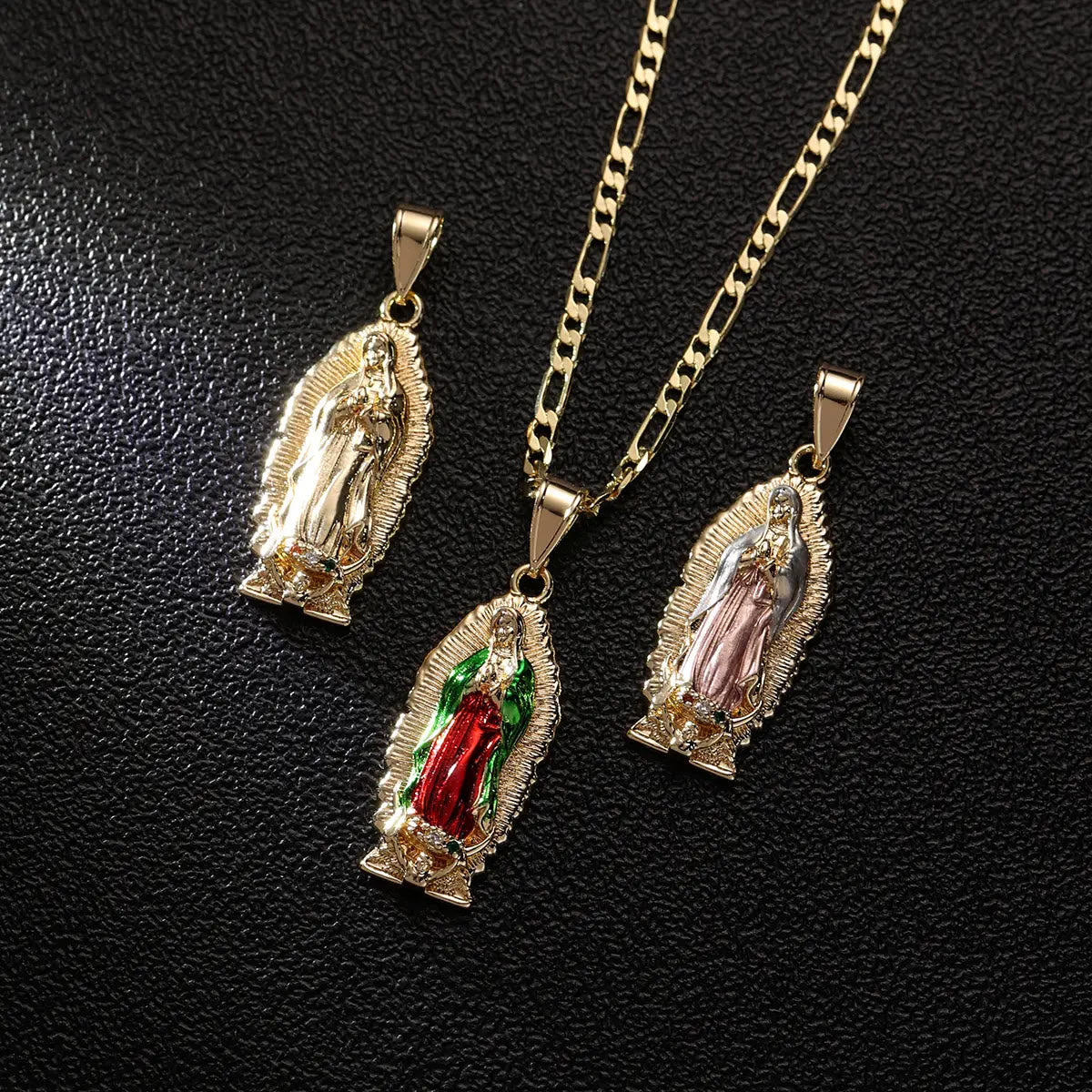 Elegant Sunburst Border Enamel Virgin Guadalupe Pendant Chunky Figaro Chain