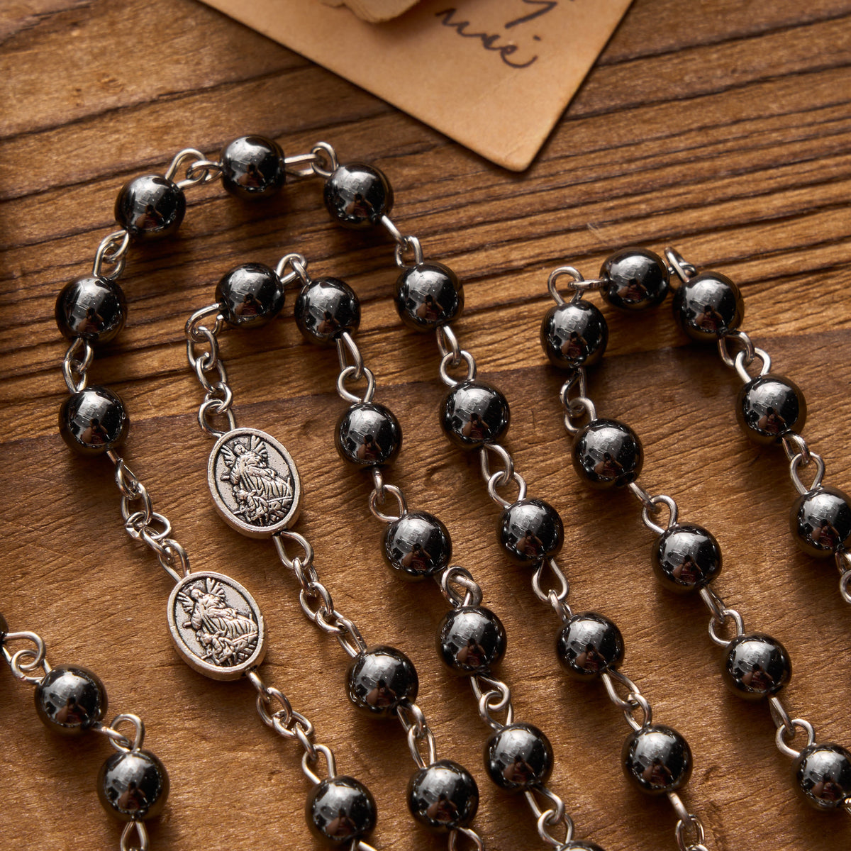 Silver or Blue Rosary with Antique Silver Archangel Medal and Matching Engraved Round Box