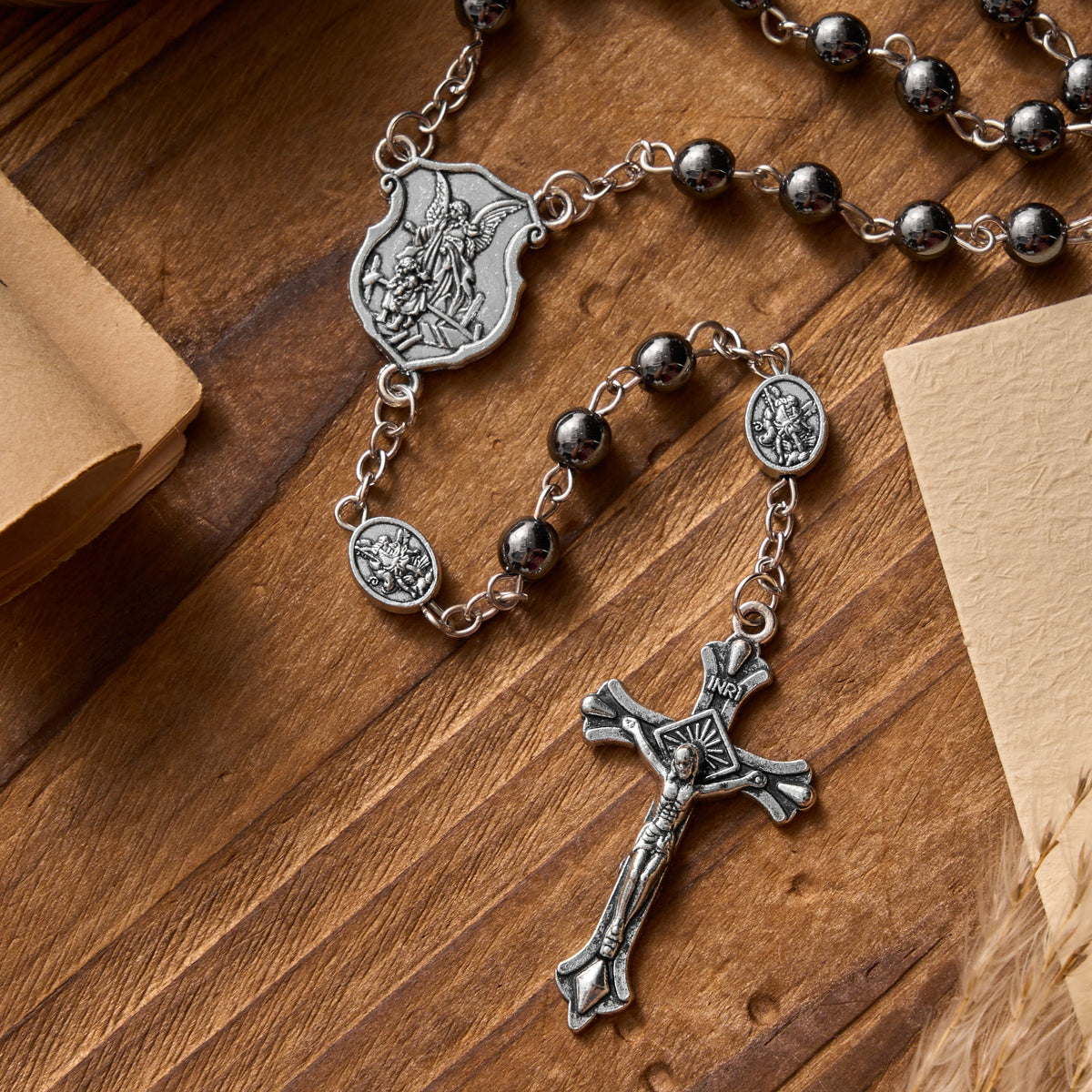 Silver or Blue Rosary with Antique Silver Archangel Medal and Matching Engraved Round Box