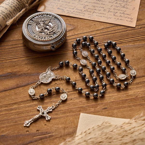Silver or Blue Rosary with Antique Silver Archangel Medal and Matching Engraved Round Box