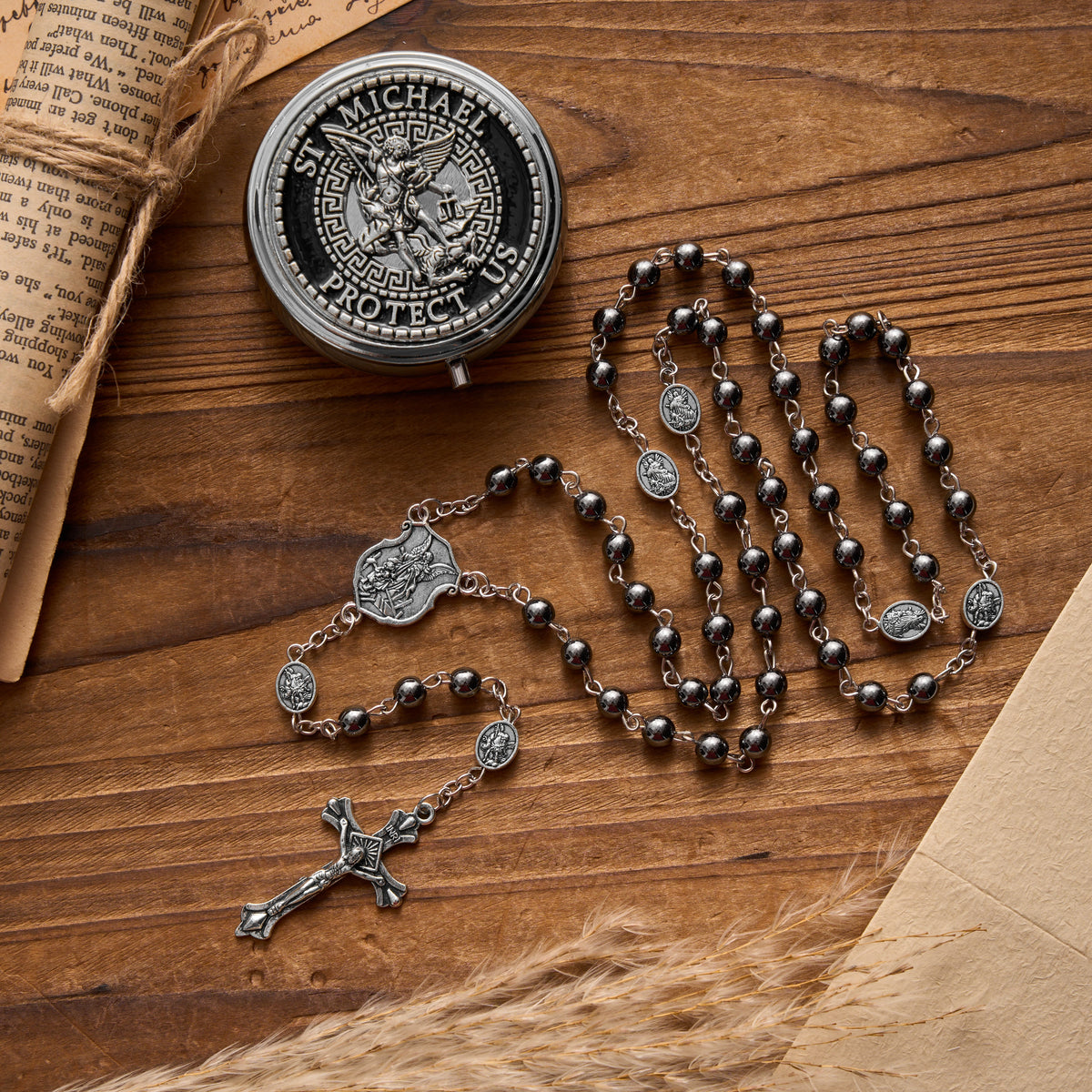 Silver or Blue Rosary with Antique Silver Archangel Medal and Matching Engraved Round Box