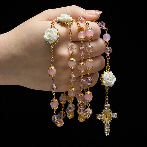 Pink Crystal & White Rose Our Lady of Guadalupe Rosary
