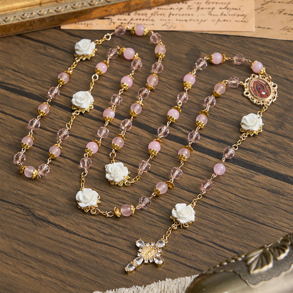 Pink Crystal & White Rose Our Lady of Guadalupe Rosary