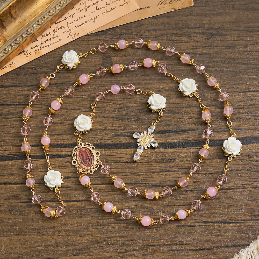 Pink Crystal & White Rose Our Lady of Guadalupe Rosary