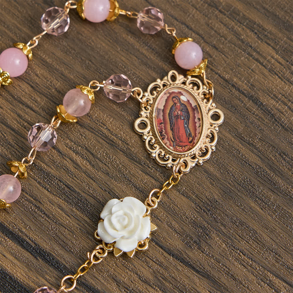 Pink Crystal & White Rose Our Lady of Guadalupe Rosary
