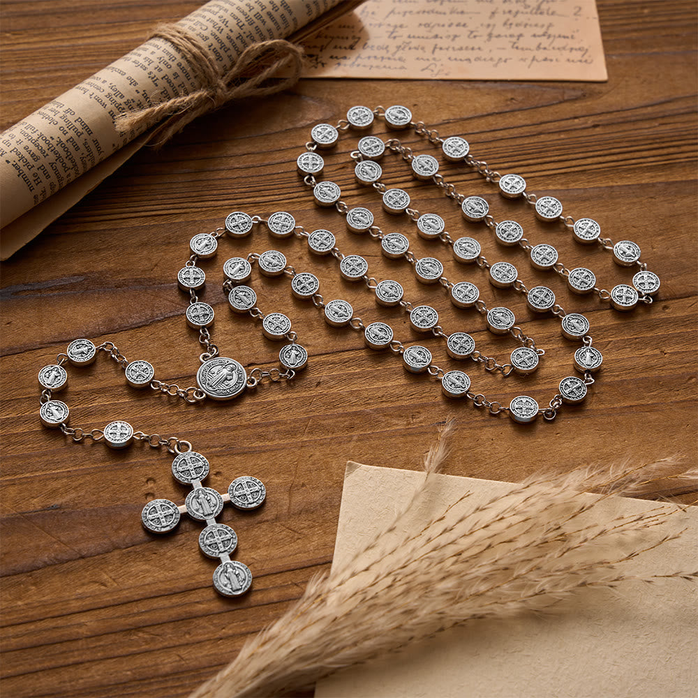 Antique Silver Double-Sided St.Benedict Round Medal Rosary with Combined Medal Cross