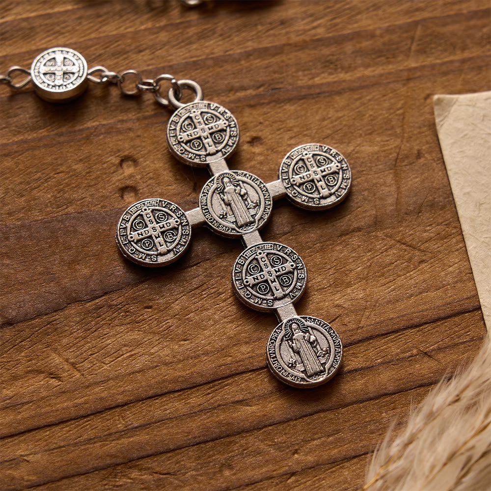 Antique Silver Double-Sided St.Benedict Round Medal Rosary with Combined Medal Cross