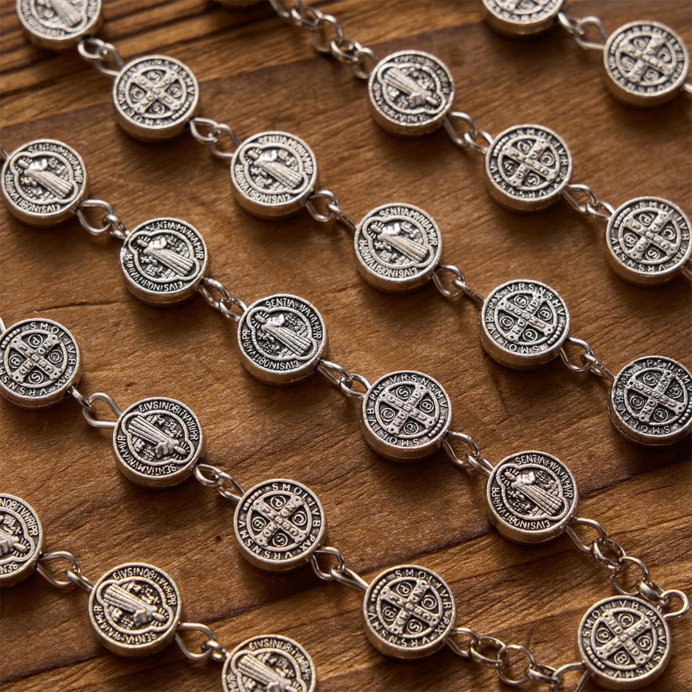 Antique Silver Double-Sided St.Benedict Round Medal Rosary with Combined Medal Cross