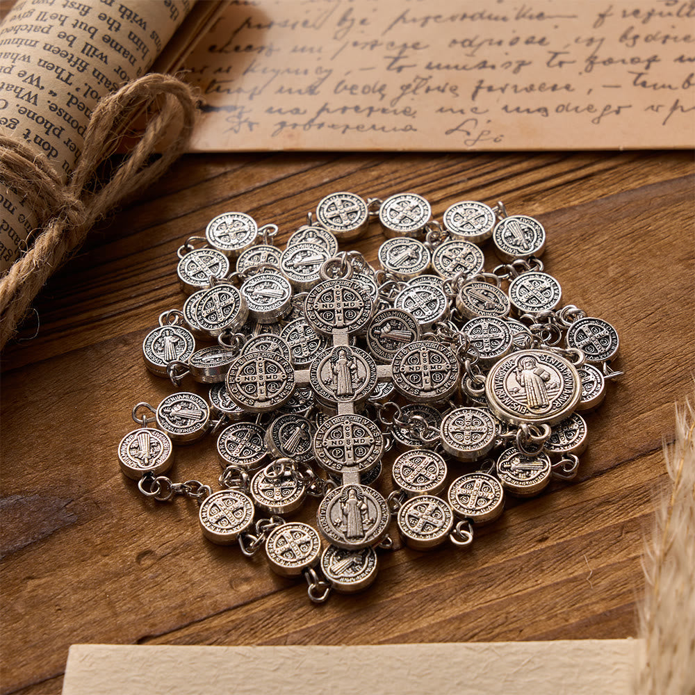 Antique Silver Double-Sided St.Benedict Round Medal Rosary with Combined Medal Cross