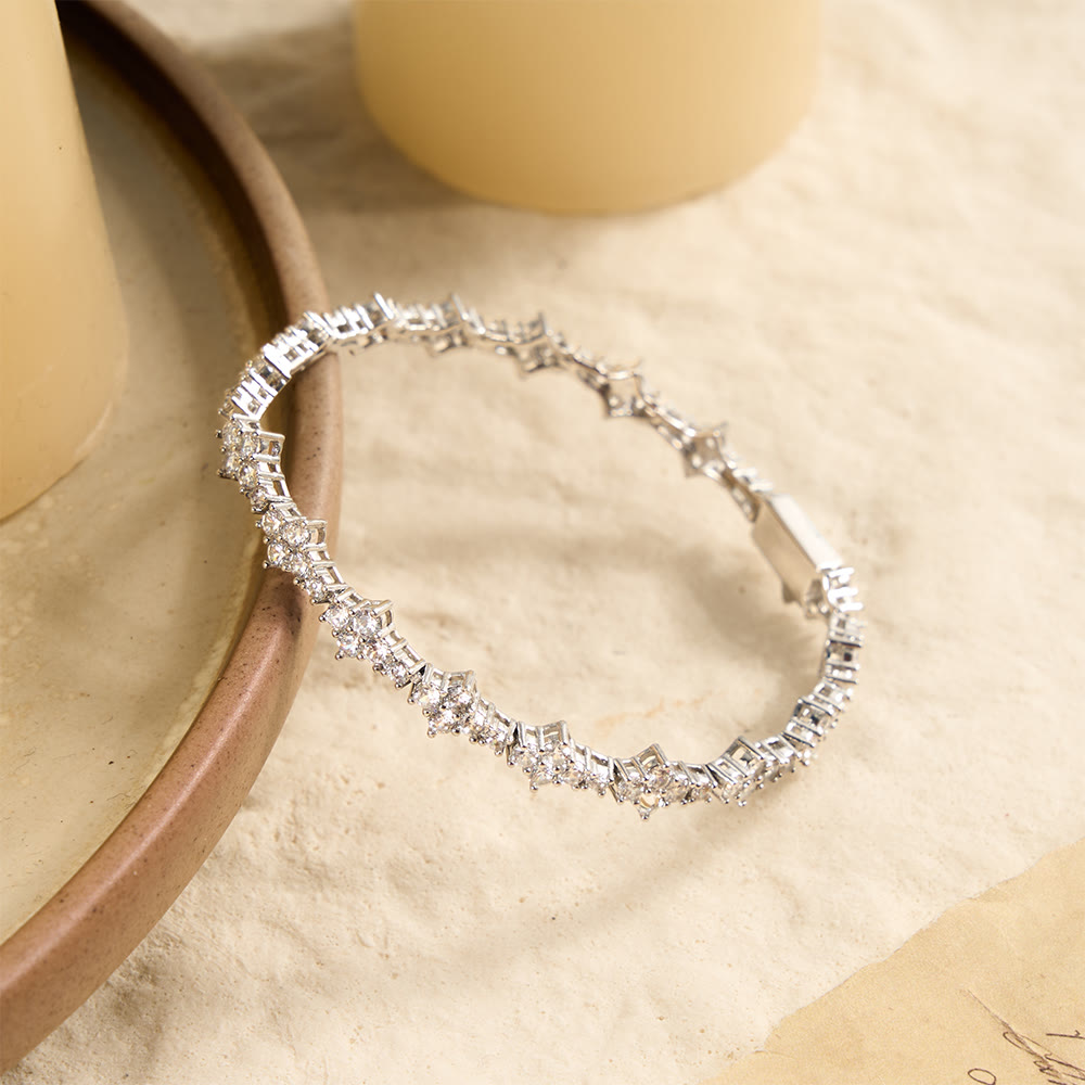 Cluster Paved Zircon Star-Shaped Cross Link Bracelet & Single Strand Necklace