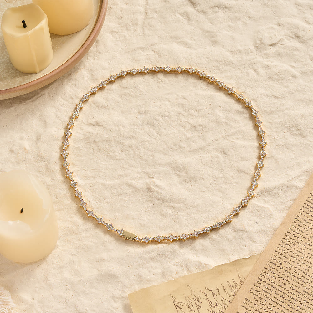 Cluster Paved Zircon Star-Shaped Cross Link Bracelet & Single Strand Necklace