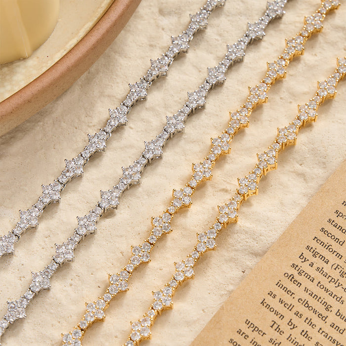 Cluster Paved Zircon Star-Shaped Cross Link Bracelet & Single Strand Necklace