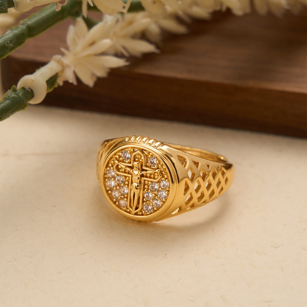 Oval Bezel Pave Zircon Crucifix Signet Ring with Lattice Hollow Band: A Symbol of Redemptive Sacred Grace