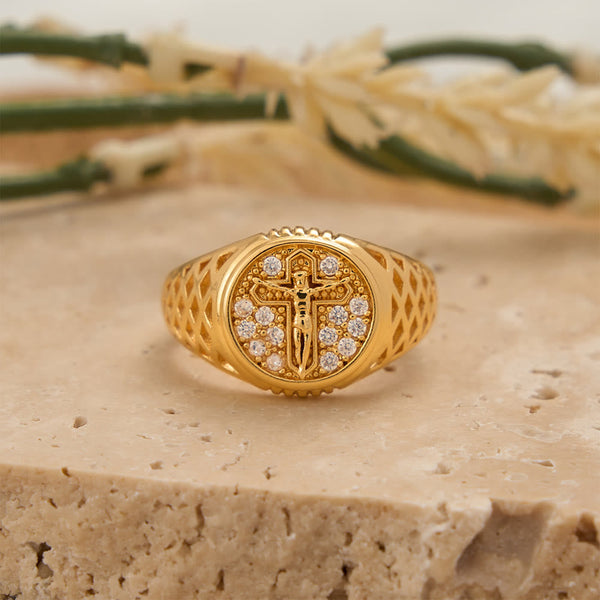 Oval Bezel Pave Zircon Crucifix Signet Ring with Lattice Hollow Band: A Symbol of Redemptive Sacred Grace