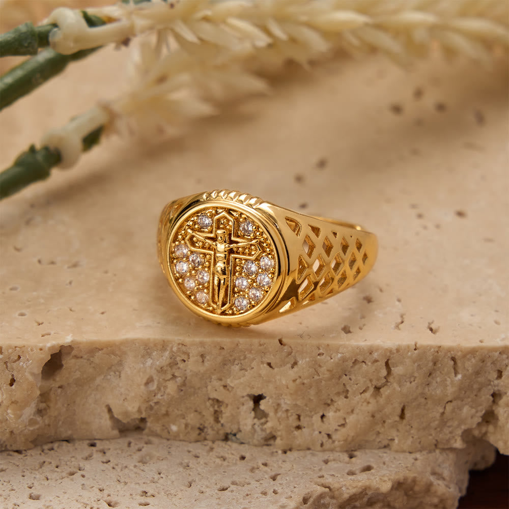 Oval Bezel Pave Zircon Crucifix Signet Ring with Lattice Hollow Band: A Symbol of Redemptive Sacred Grace
