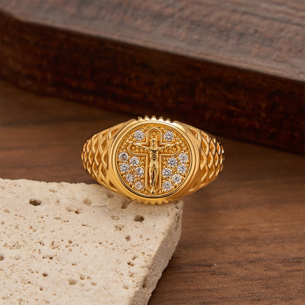 Oval Bezel Pave Zircon Crucifix Signet Ring with Lattice Hollow Band: A Symbol of Redemptive Sacred Grace