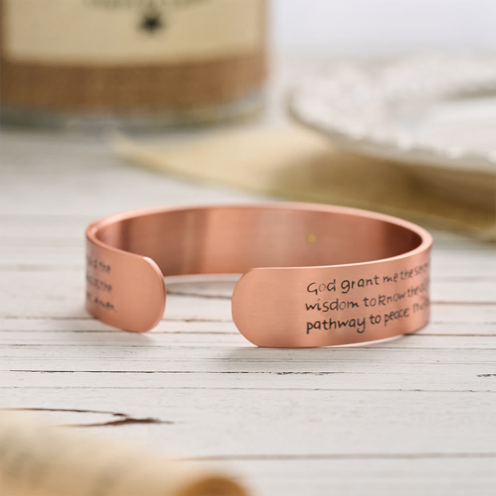 Serenity Prayer Engraved Copper Cuff Bracelet with Gold Inlaid Cross: A Symbol of Peaceful Surrender