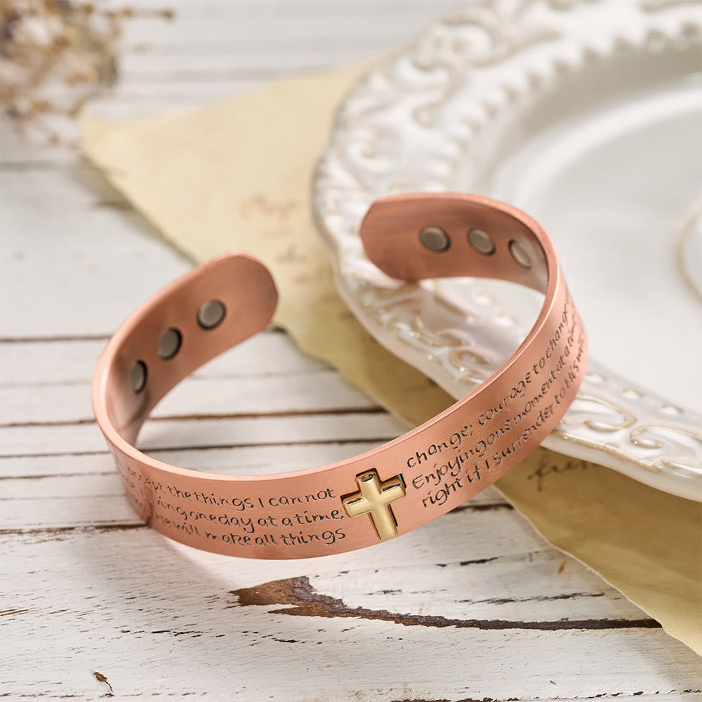 Serenity Prayer Engraved Copper Cuff Bracelet with Gold Inlaid Cross: A Symbol of Peaceful Surrender