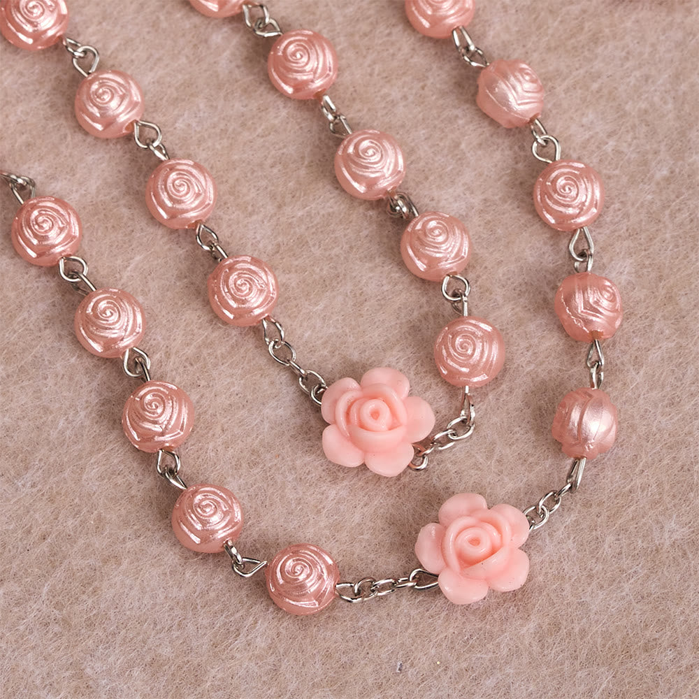 Glossy Rose Embossed Bead Rosary with 3D Floral Accent, Our Lady Enamel Medal & Antique Crucifix
