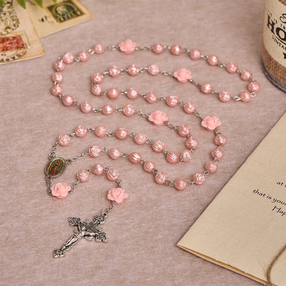 Glossy Rose Embossed Bead Rosary with 3D Floral Accent, Our Lady Enamel Medal & Antique Crucifix