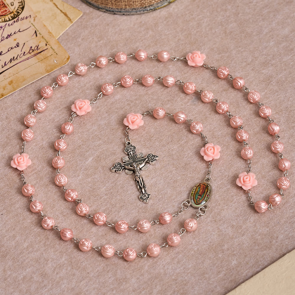 Glossy Rose Embossed Bead Rosary with 3D Floral Accent, Our Lady Enamel Medal & Antique Crucifix