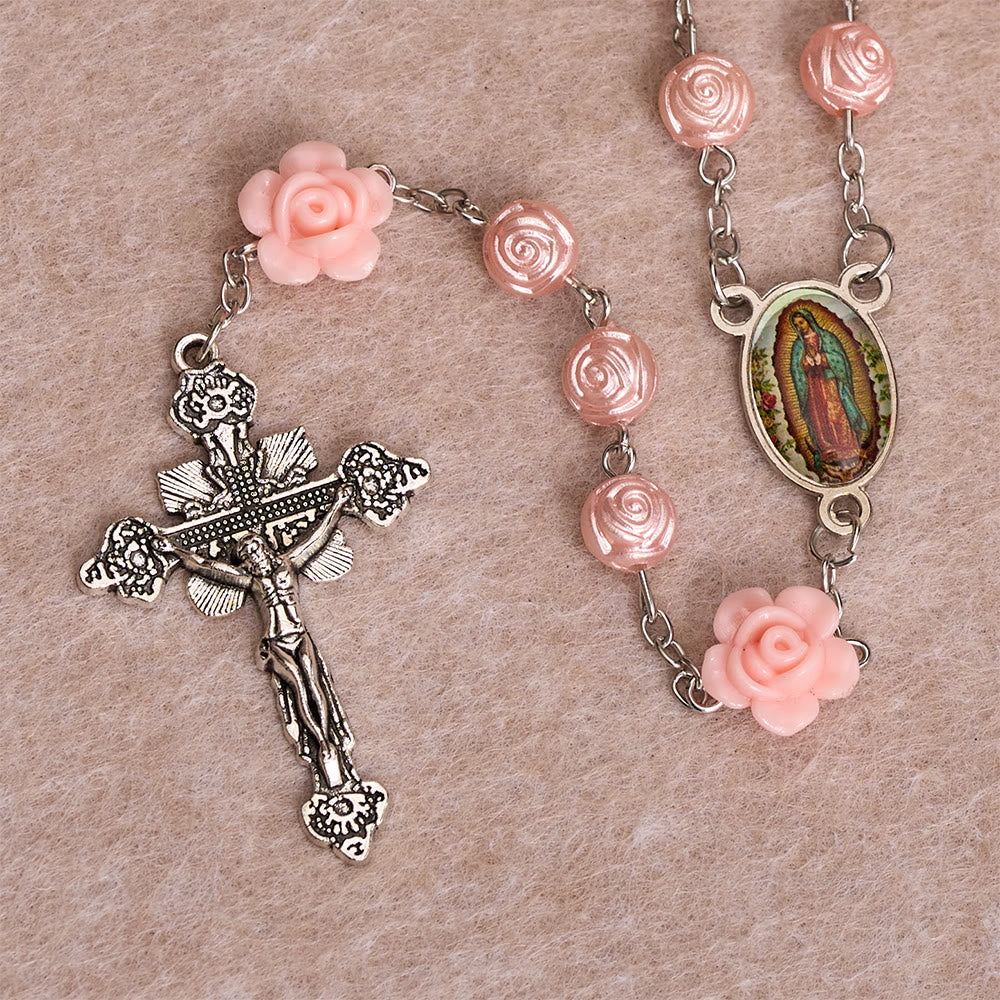 Glossy Rose Embossed Bead Rosary with 3D Floral Accent, Our Lady Enamel Medal & Antique Crucifix