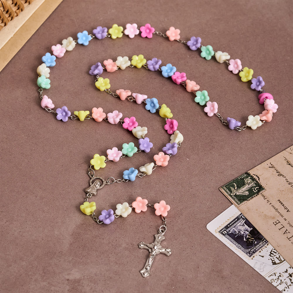 Solid Five-Petal Flower Shaped Bead Devotional Rosary with Embossed Our Lady Medal & Detailed Antique Crucifix