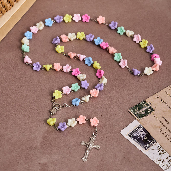 Solid Five-Petal Flower Shaped Bead Devotional Rosary with Embossed Our Lady Medal & Detailed Antique Crucifix
