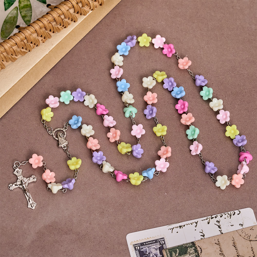 Solid Five-Petal Flower Shaped Bead Devotional Rosary with Embossed Our Lady Medal & Detailed Antique Crucifix