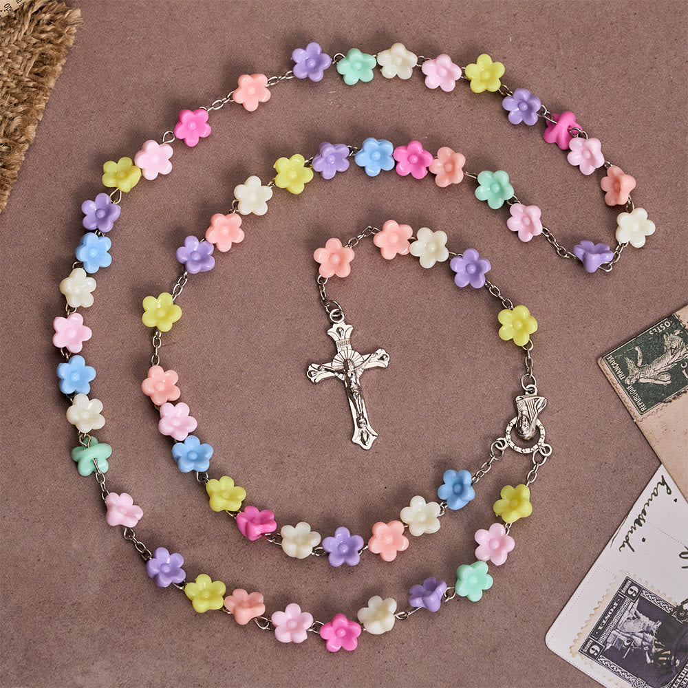 Solid Five-Petal Flower Shaped Bead Devotional Rosary with Embossed Our Lady Medal & Detailed Antique Crucifix