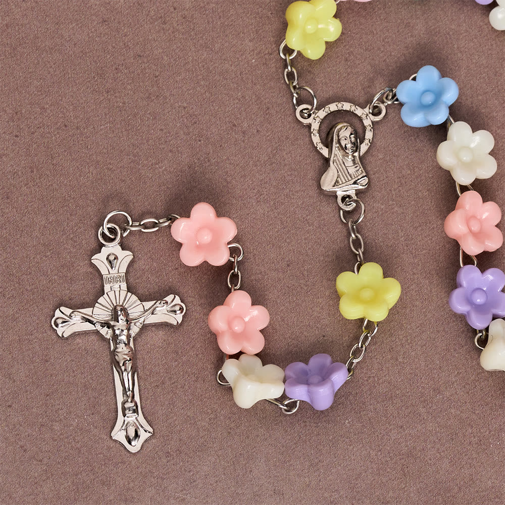 Solid Five-Petal Flower Shaped Bead Devotional Rosary with Embossed Our Lady Medal & Detailed Antique Crucifix