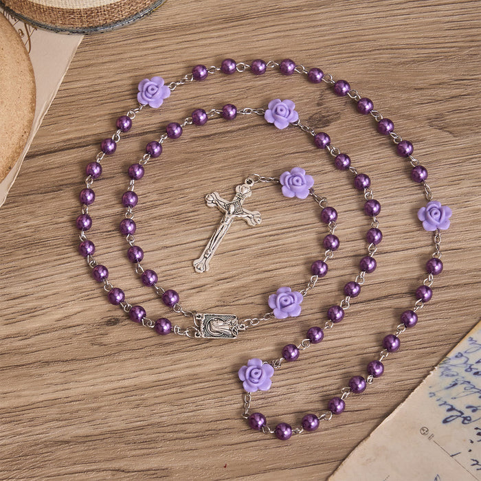 Smooth Pearl-Style Round Bead Rosary with Rose Ornament & Vintage Virgin Mary Center Charm