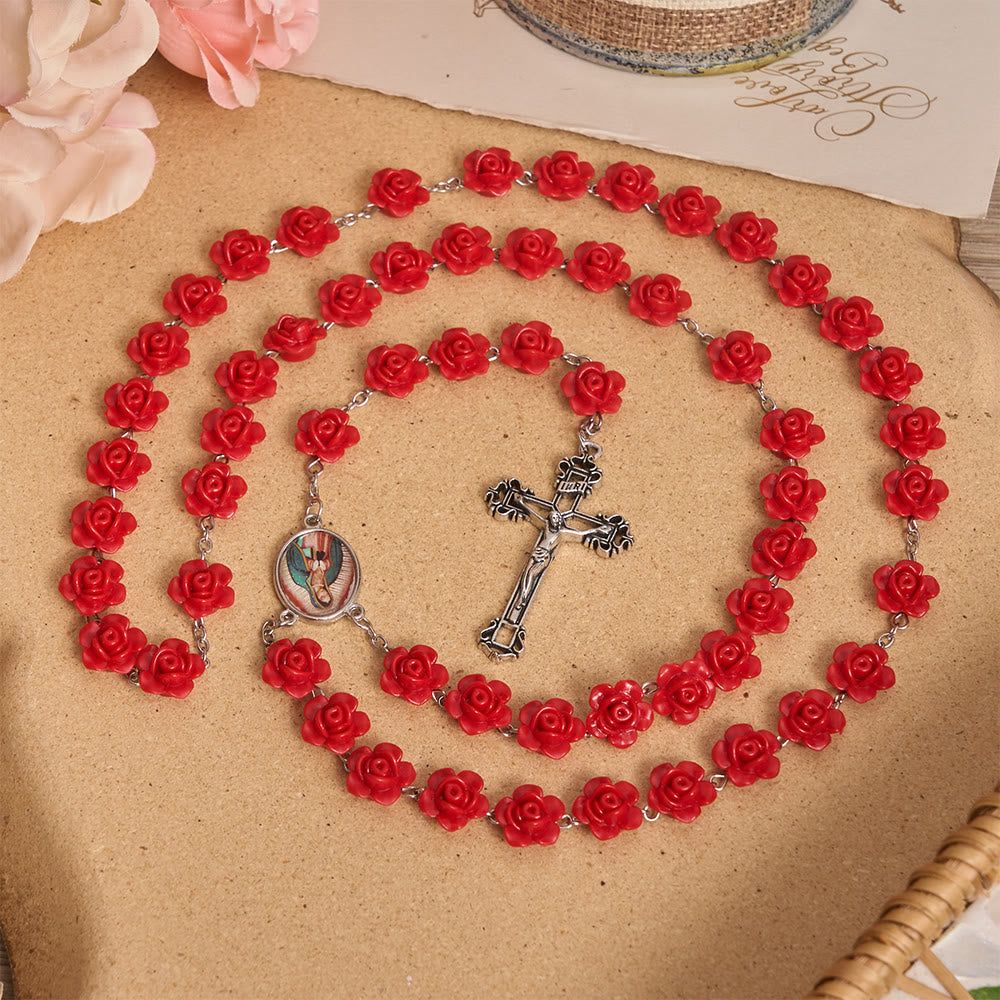 Elegant Red Rose Bloom Bead Our Lady Enamel Medal Crucifix Rosary