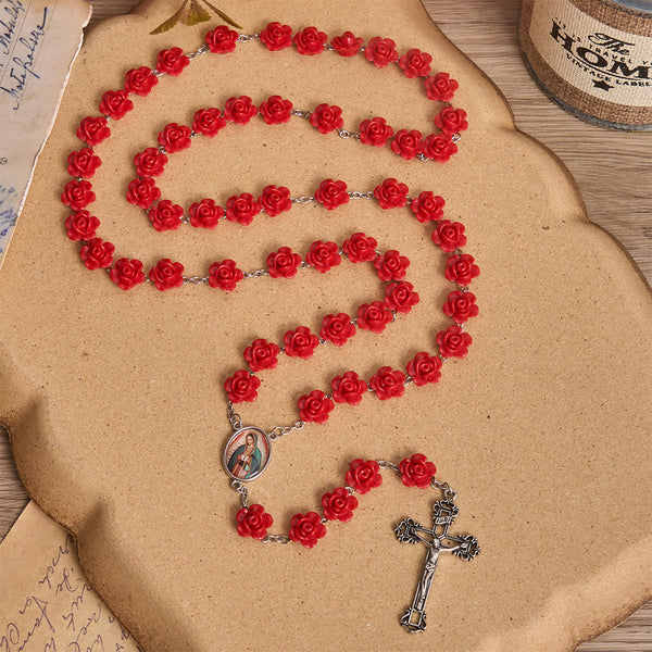 Elegant Red Rose Bloom Bead Our Lady Enamel Medal Crucifix Rosary