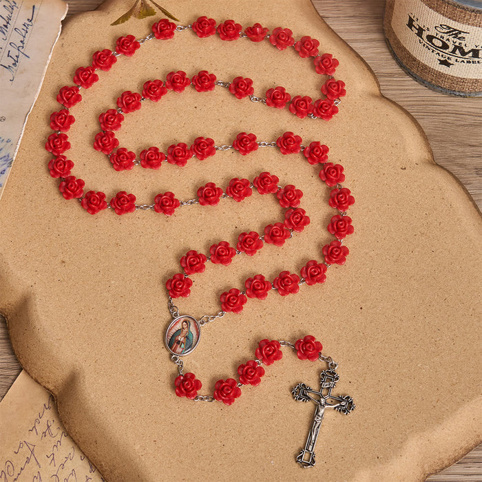 Elegant Red Rose Bloom Bead Our Lady Enamel Medal Crucifix Rosary