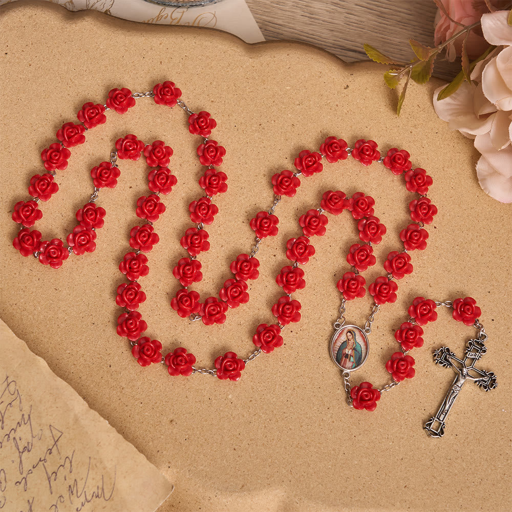 Elegant Red Rose Bloom Bead Our Lady Enamel Medal Crucifix Rosary