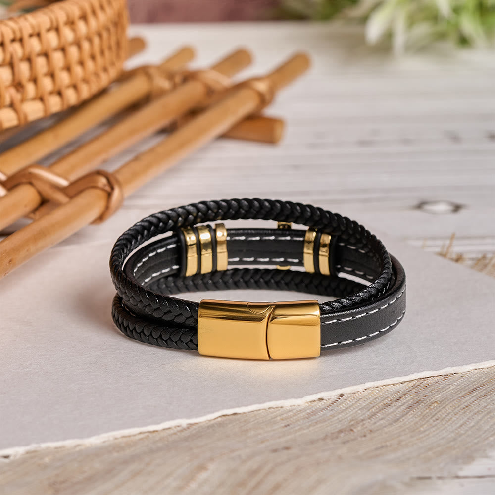 Multi-Layer Braided Leather Bracelet with Pave Zircon Cross & Three-Tone Metal Spacer