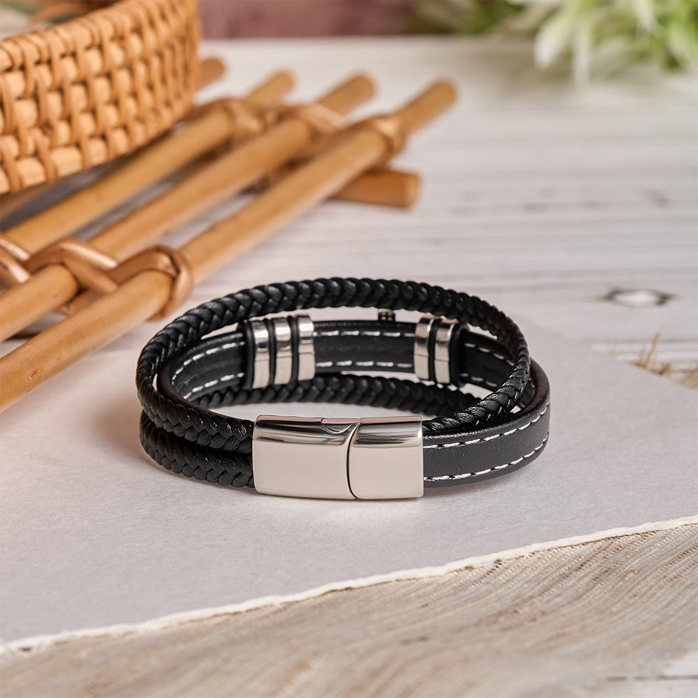 Multi-Layer Braided Leather Bracelet with Pave Zircon Cross & Three-Tone Metal Spacer