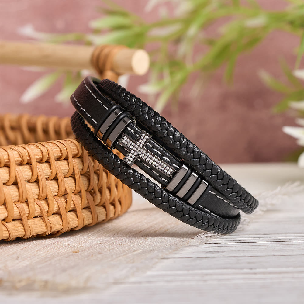 Multi-Layer Braided Leather Bracelet with Pave Zircon Cross & Three-Tone Metal Spacer