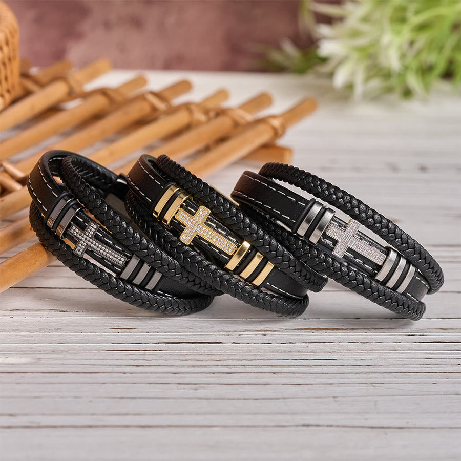 Multi-Layer Braided Leather Bracelet with Pave Zircon Cross & Three-Tone Metal Spacer